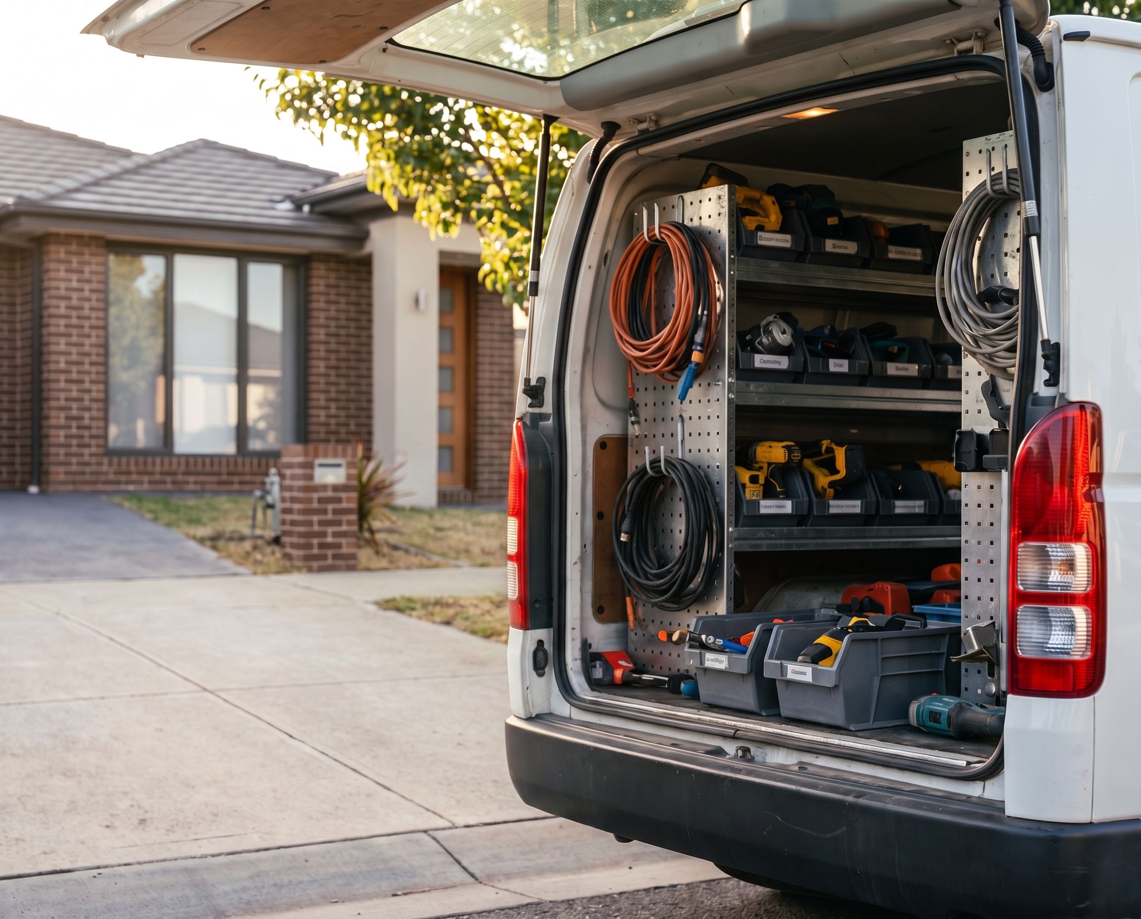 The Sparky Bros work van, fully stocked and organised, in a driveway
